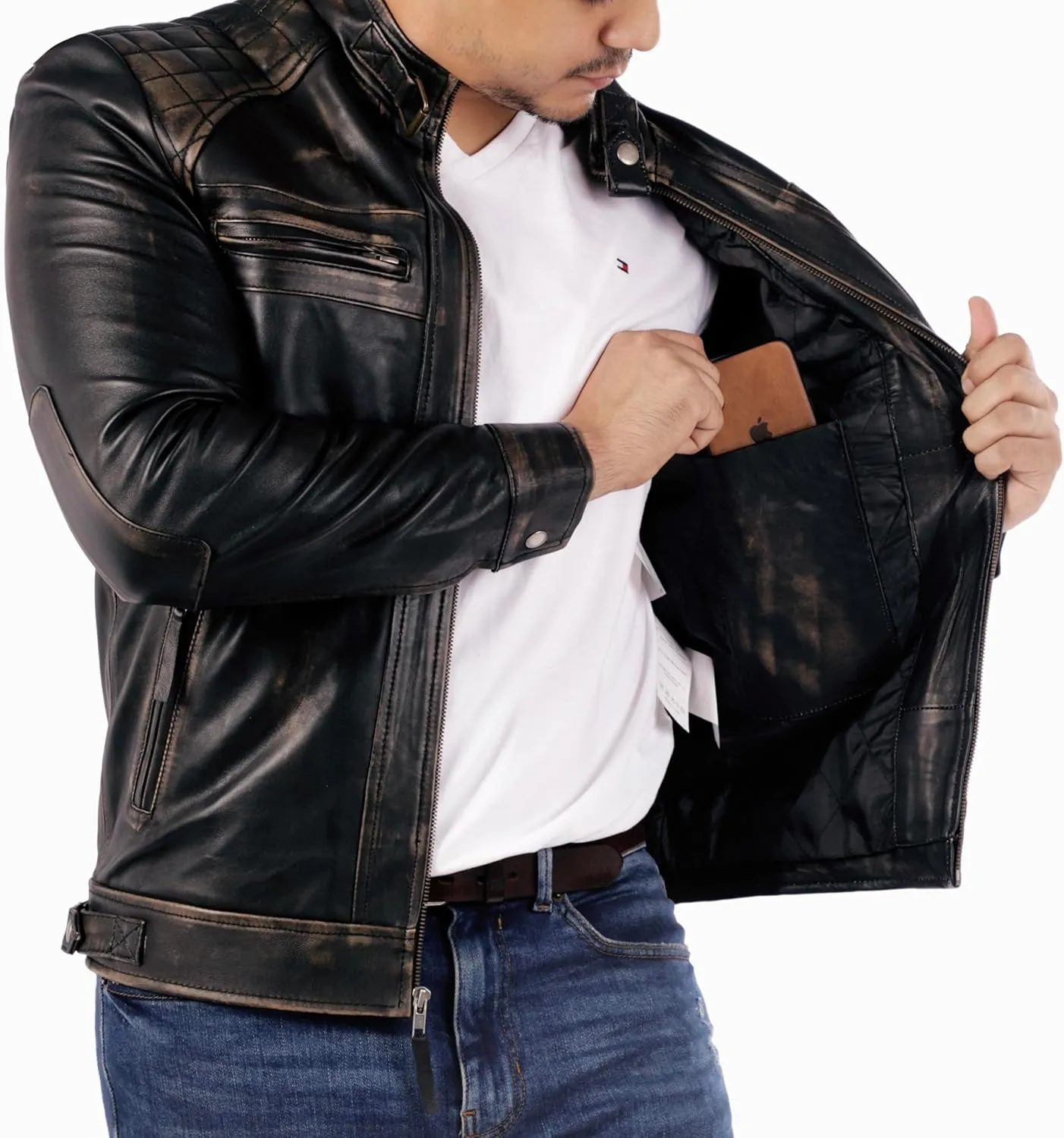 Jild Signature Diamond Style Lambskin Leather Jacket Men - Premium Leather Caf Racer Vintage Look Motorcycle Jacket Men
