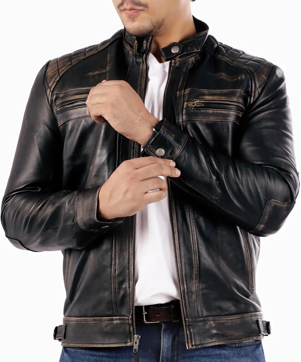 Jild Signature Diamond Style Lambskin Leather Jacket Men - Premium Leather Caf Racer Vintage Look Motorcycle Jacket Men
