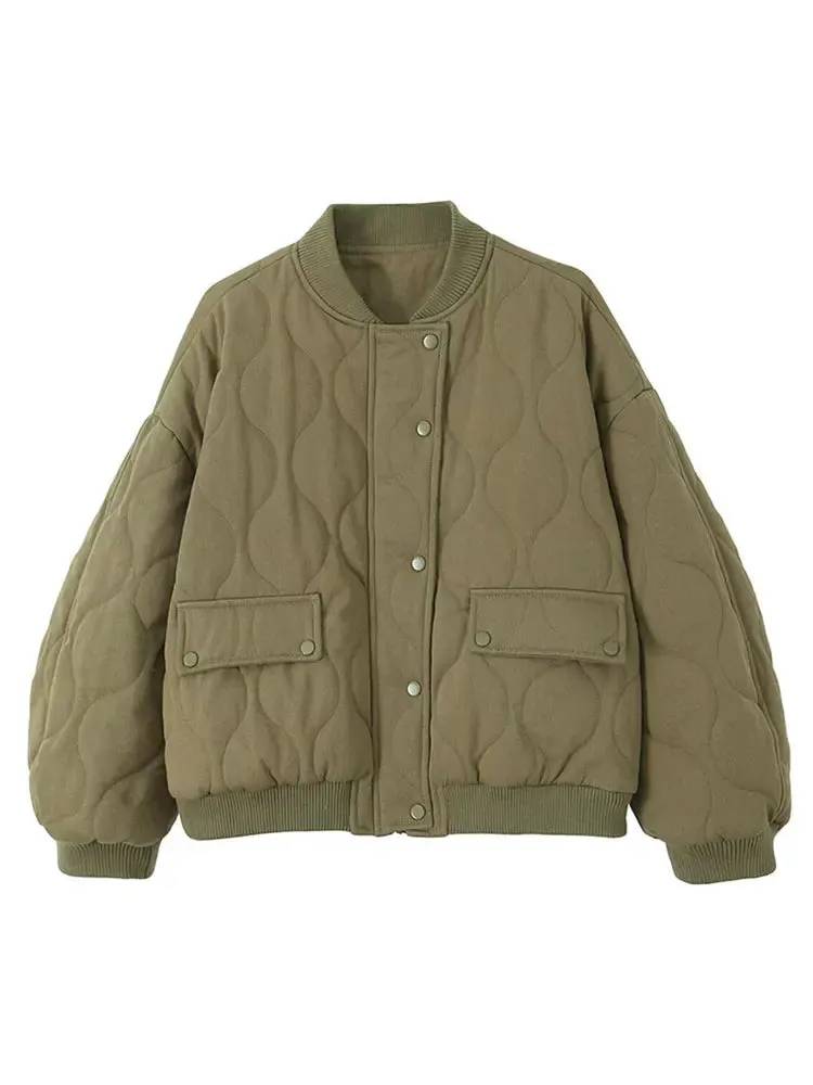 Joskaa Quilted Single Breasted Grey Women's Cotton Jacket Casual Pocket Stand Collar Long Sleeved Coats Fall Winter Commuting Outerwear