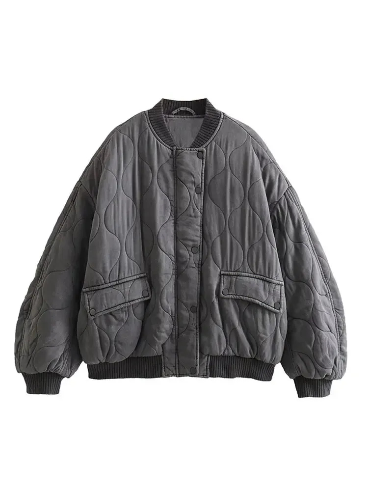 Joskaa Quilted Single Breasted Grey Women's Cotton Jacket Casual Pocket Stand Collar Long Sleeved Coats Fall Winter Commuting Outerwear