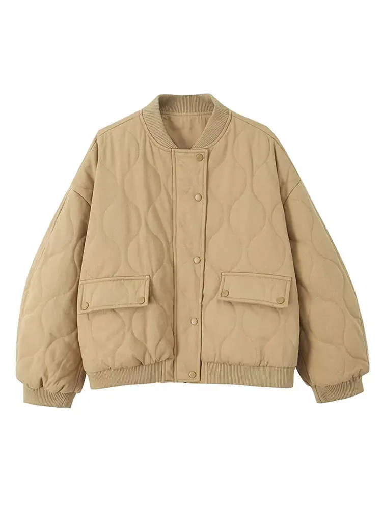 Joskaa Quilted Single Breasted Grey Women's Cotton Jacket Casual Pocket Stand Collar Long Sleeved Coats Fall Winter Commuting Outerwear