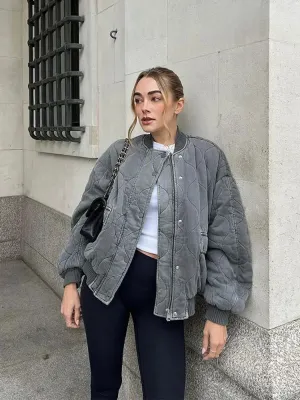 Joskaa Quilted Single Breasted Grey Women's Cotton Jacket Casual Pocket Stand Collar Long Sleeved Coats Fall Winter Commuting Outerwear
