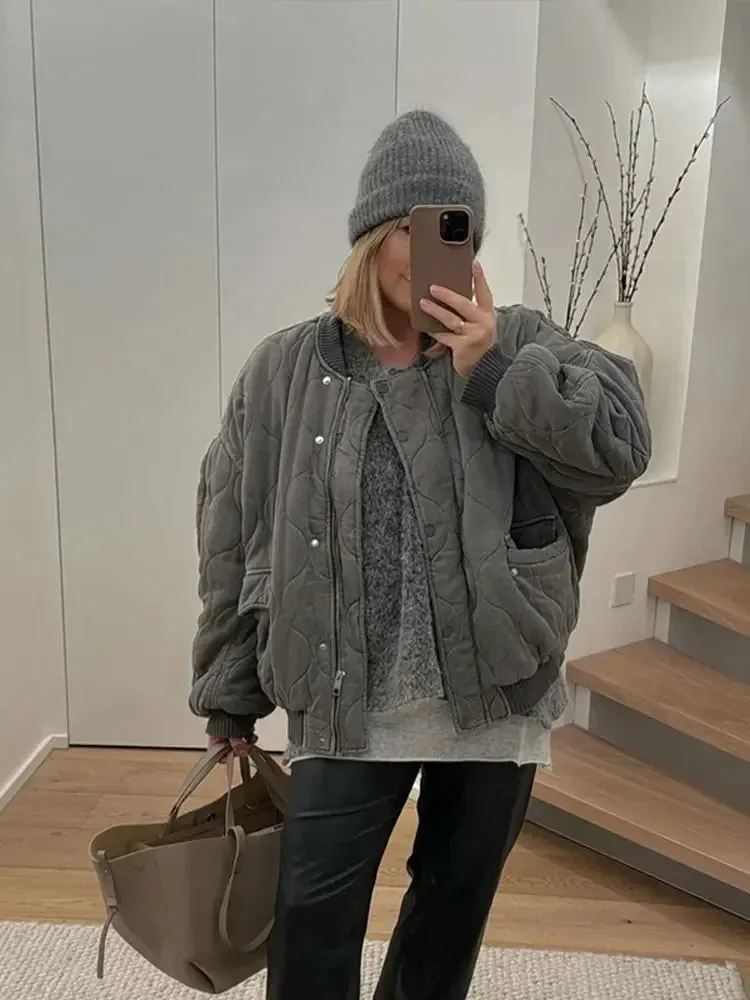 Joskaa Quilted Single Breasted Grey Women's Cotton Jacket Casual Pocket Stand Collar Long Sleeved Coats Fall Winter Commuting Outerwear