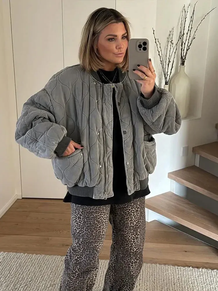 Joskaa Quilted Single Breasted Grey Women's Cotton Jacket Casual Pocket Stand Collar Long Sleeved Coats Fall Winter Commuting Outerwear