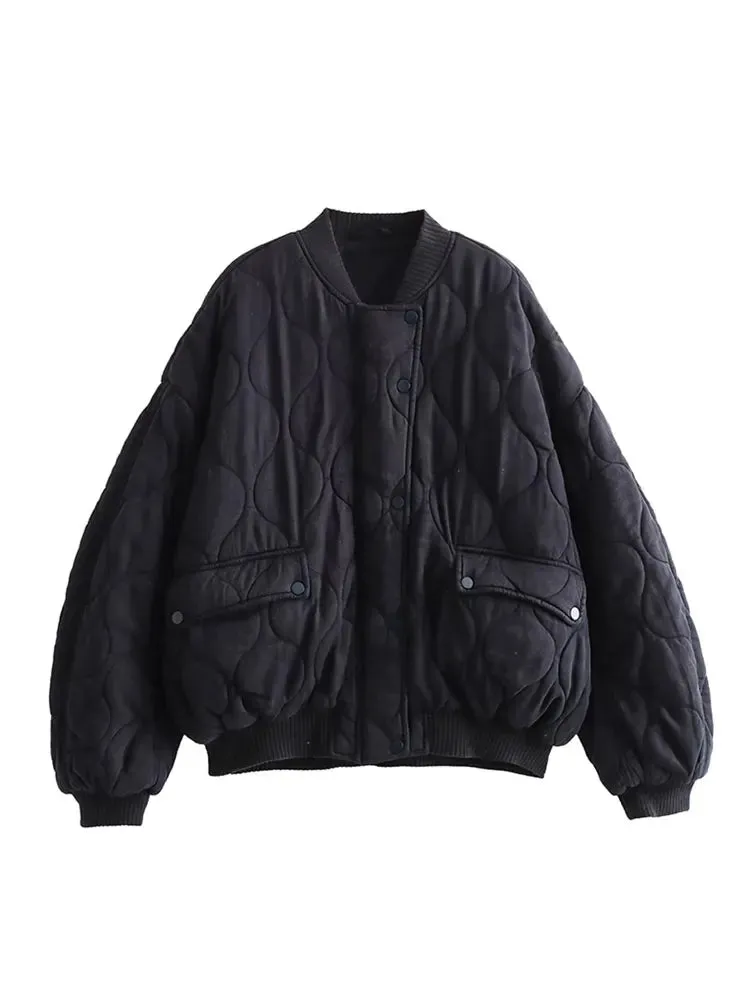 Joskaa Quilted Single Breasted Grey Women's Cotton Jacket Casual Pocket Stand Collar Long Sleeved Coats Fall Winter Commuting Outerwear