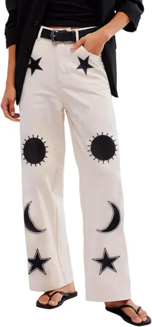 Kedera Women's Causal Star Embroidered Denim Pants Vintage Boyfriend Barrel Jeans Wide Leg Baggy Pants Y2k