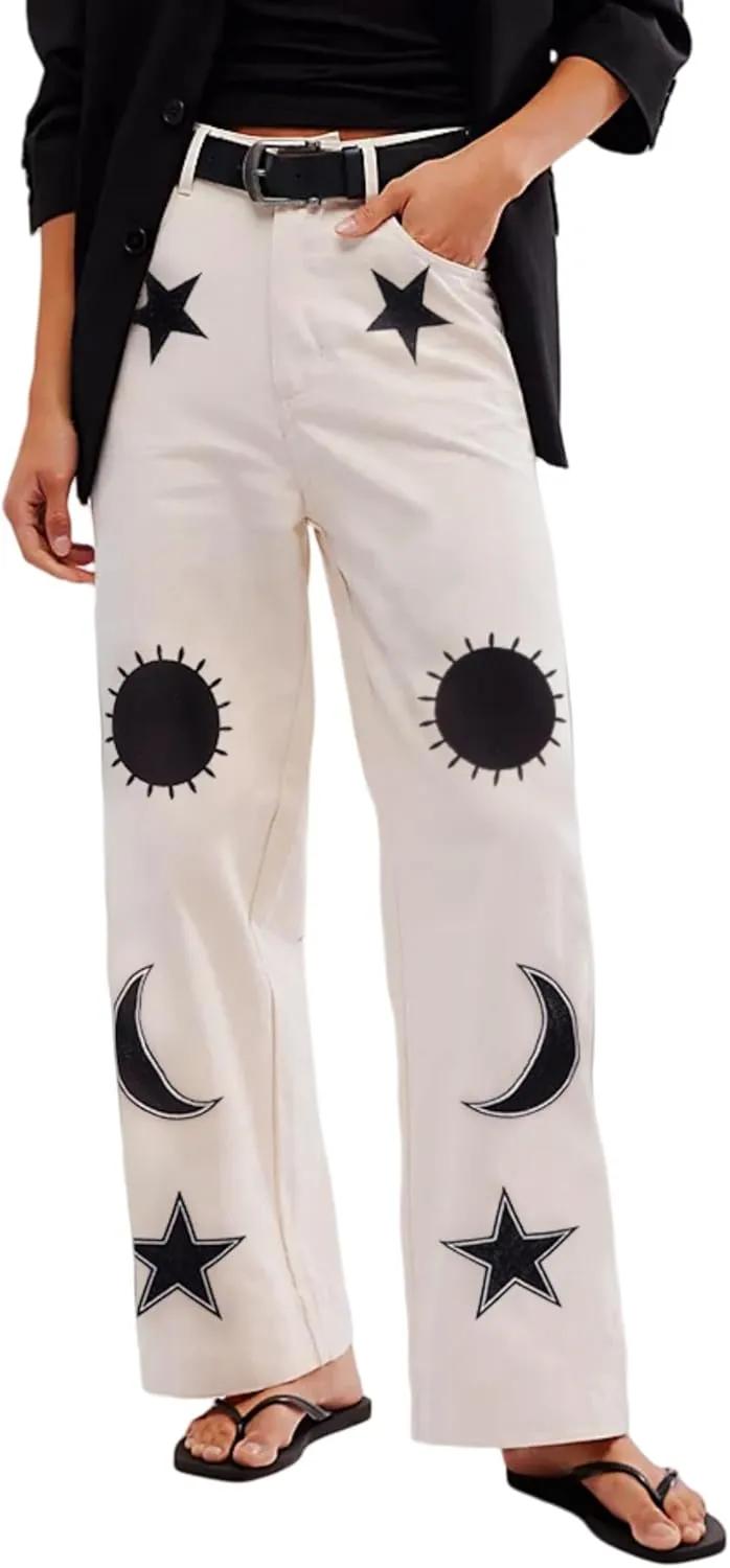 Kedera Women's Causal Star Embroidered Denim Pants Vintage Boyfriend Barrel Jeans Wide Leg Baggy Pants Y2k