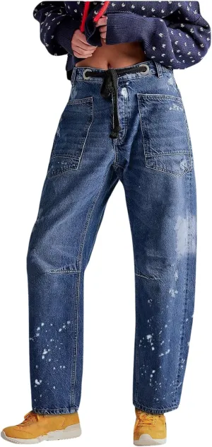 LifeShe Women's Wide Leg Barrel Jeans Drawstring Elastic Waist Denim Pants Loose Baggy Boyfriend Trouser