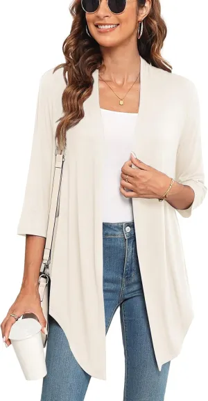 Lightweight Summer 3/4 Sleeve Cardigan for Women Trendy Casual Draped Tie Front Cardigans Fall Shrugs High Low Hem