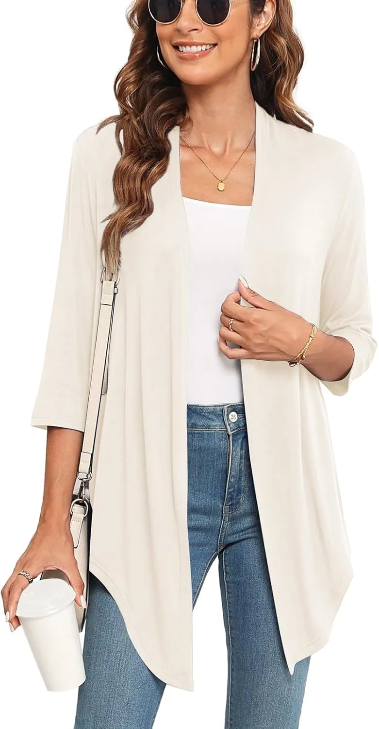 Lightweight Summer 3/4 Sleeve Cardigan for Women Trendy Casual Draped Tie Front Cardigans Fall Shrugs High Low Hem