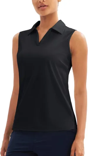 MAGCOMSEN Women's Sleeveless Golf Polo Shirts UPF 50  Tank Tops V-Neck Quick Dry Workout Athletic Tops