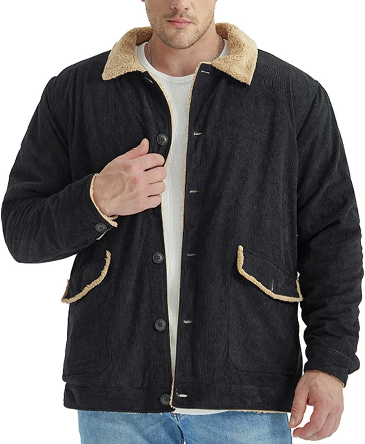 MEBAMY Men's Corduroy Jackets Sherpa Lined Winter Coats Thermal Warm Fleece Jacket Casual Lapel Trucker Jackets Black