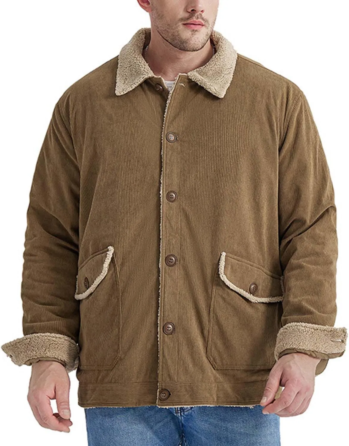 MEBAMY Men's Corduroy Jackets Sherpa Lined Winter Coats Thermal Warm Fleece Jacket Casual Lapel Trucker Jackets Black