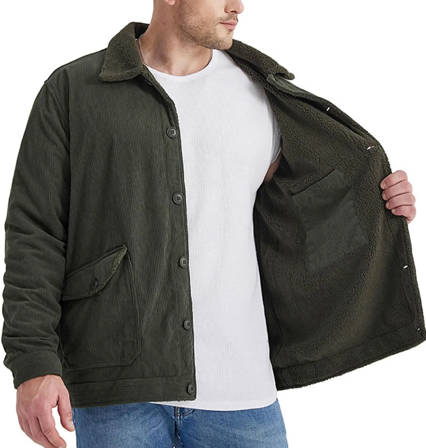 MEBAMY Men's Corduroy Jackets Sherpa Lined Winter Coats Thermal Warm Fleece Jacket Casual Lapel Trucker Jackets Black
