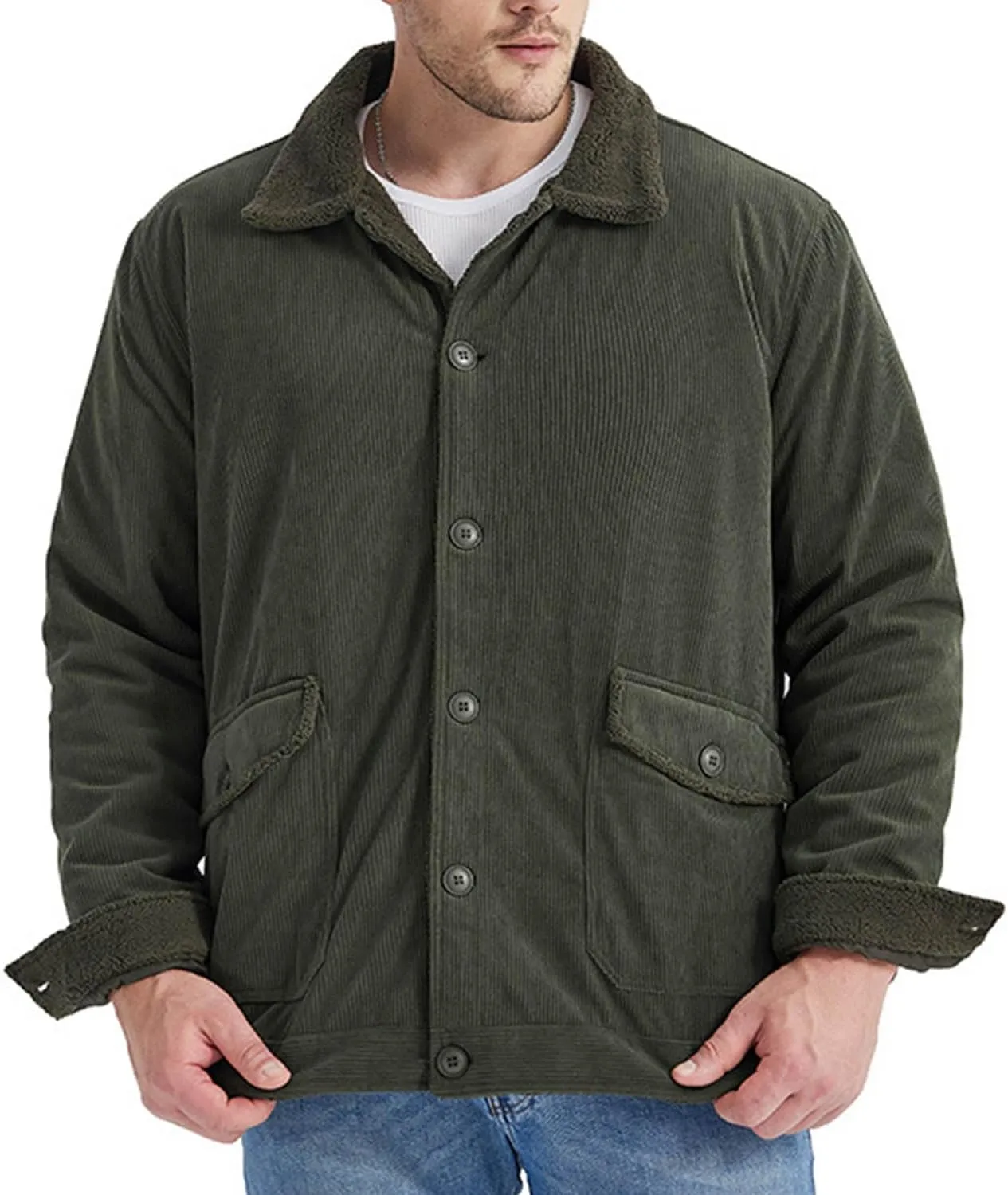 MEBAMY Men's Corduroy Jackets Sherpa Lined Winter Coats Thermal Warm Fleece Jacket Casual Lapel Trucker Jackets Black
