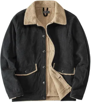 MEBAMY Men's Corduroy Jackets Sherpa Lined Winter Coats Thermal Warm Fleece Jacket Casual Lapel Trucker Jackets Black