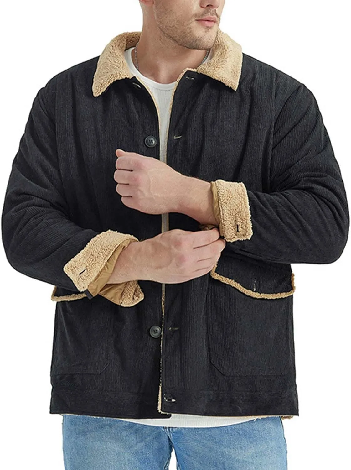 MEBAMY Men's Corduroy Jackets Sherpa Lined Winter Coats Thermal Warm Fleece Jacket Casual Lapel Trucker Jackets Black