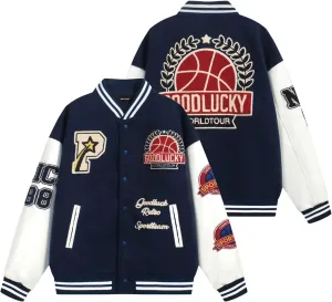 Men's Color Block Leather Letter Graphic Varsity Jackets Letterman Baseball Bomber Jackets Unisex Streetwear Coats