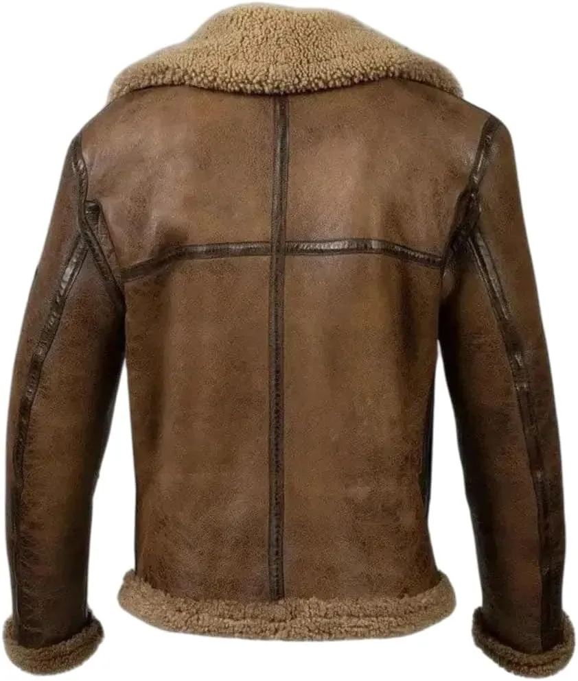 Men's Distressed Brown Genuine Cowhide B3 Arnold Aviator Army Vintage Sherpa Shearling Faux Fur Lined Leather Jacket