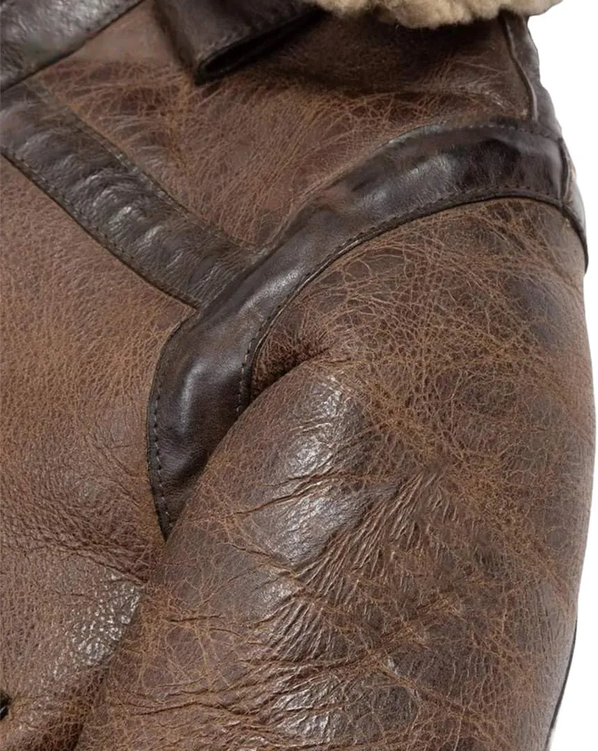 Men's Distressed Brown Genuine Cowhide B3 Arnold Aviator Army Vintage Sherpa Shearling Faux Fur Lined Leather Jacket