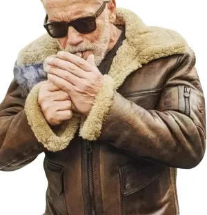 Men's Distressed Brown Genuine Cowhide B3 Arnold Aviator Army Vintage Sherpa Shearling Faux Fur Lined Leather Jacket