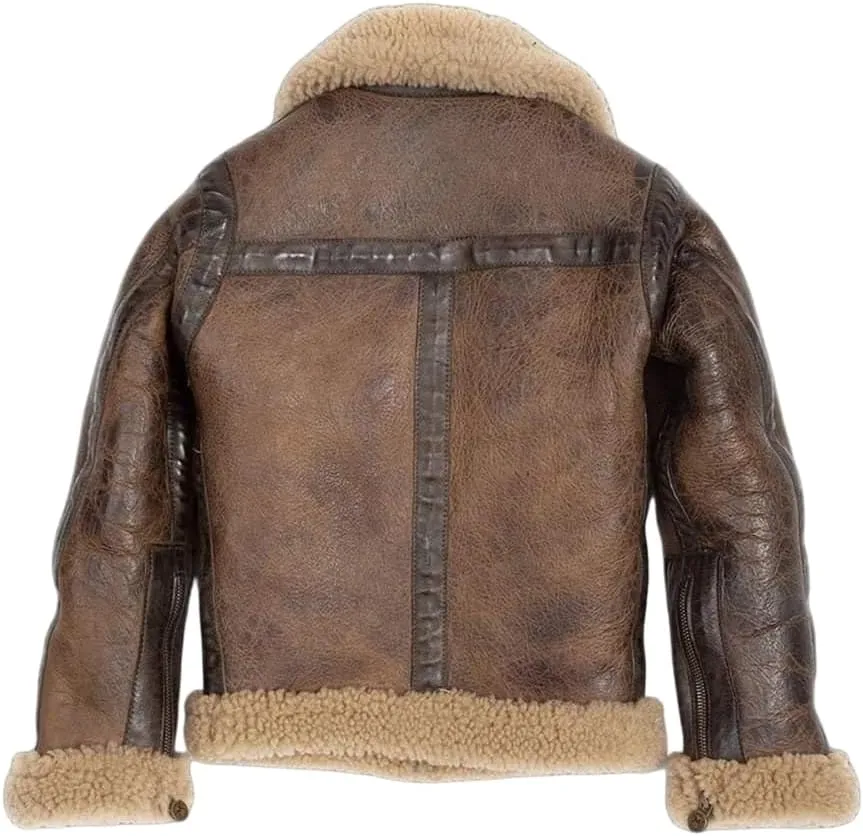Men's Distressed Brown Genuine Cowhide B3 Arnold Aviator Army Vintage Sherpa Shearling Faux Fur Lined Leather Jacket