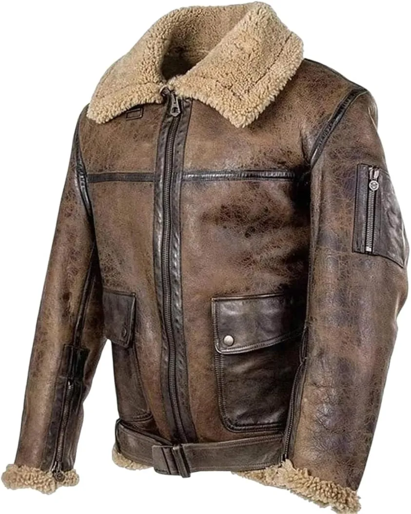 Men's Distressed Brown Genuine Cowhide B3 Arnold Aviator Army Vintage Sherpa Shearling Faux Fur Lined Leather Jacket