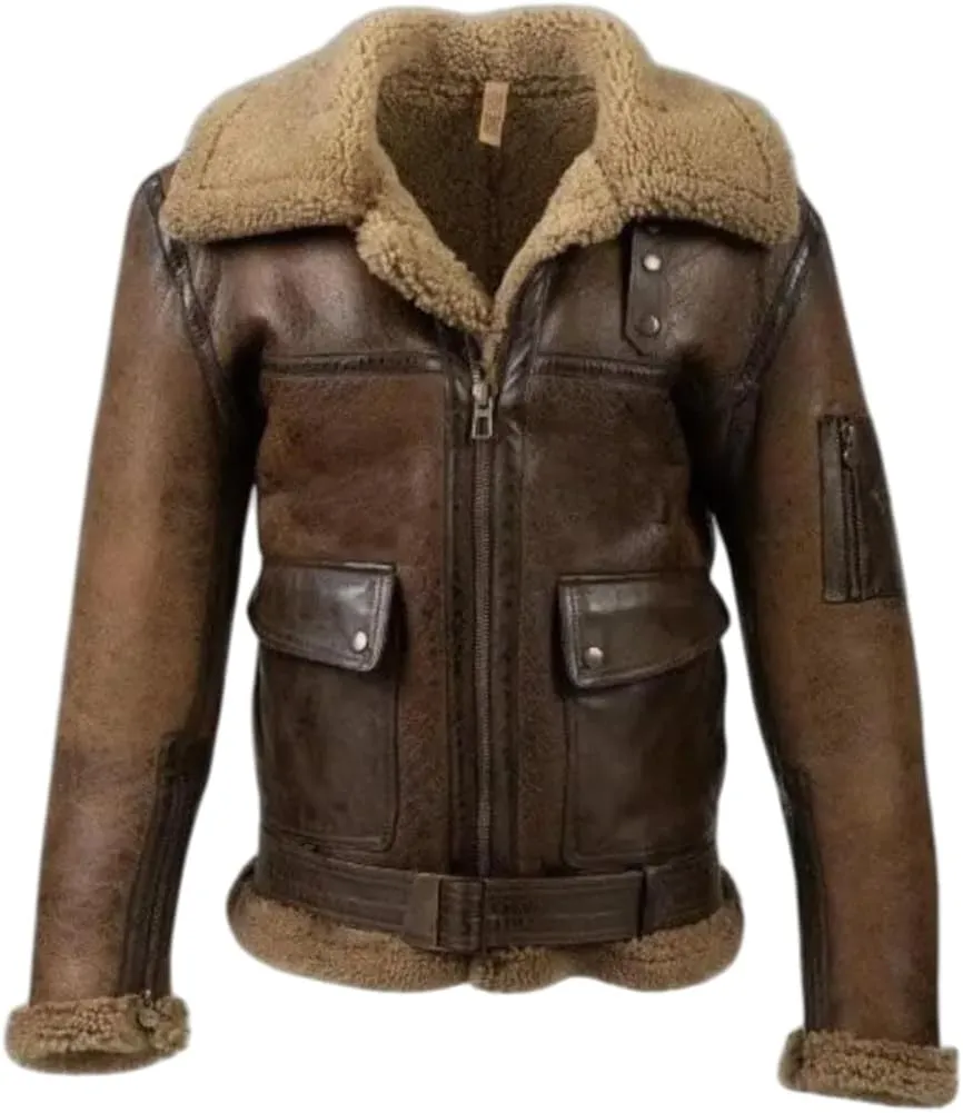 Men's Distressed Brown Genuine Cowhide B3 Arnold Aviator Army Vintage Sherpa Shearling Faux Fur Lined Leather Jacket