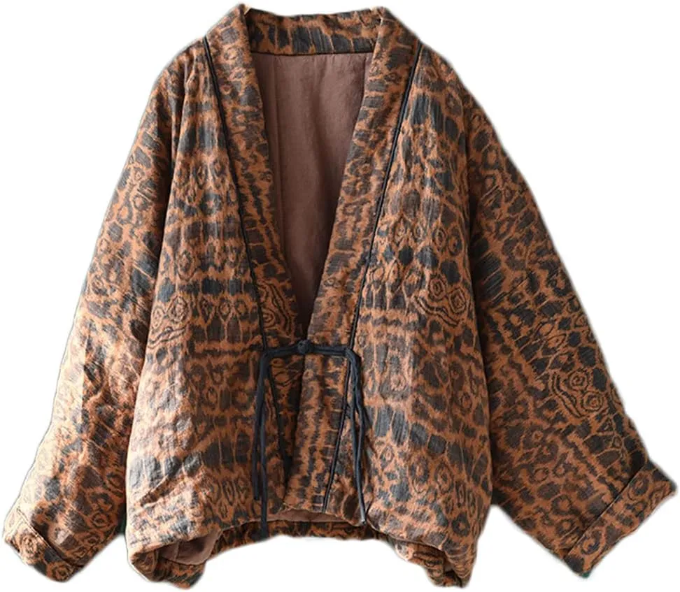 NFYM Women's Short Quilted Jacket Printed Open Front V-Neck Shawl Collar Drop Shoulder Vintage Outwear