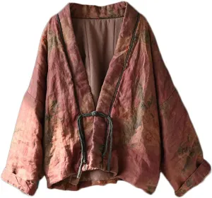 NFYM Women's Short Quilted Jacket Printed Open Front V-Neck Shawl Collar Drop Shoulder Vintage Outwear