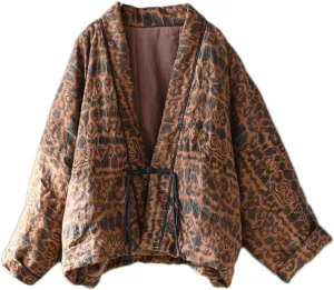 NFYM Women's Short Quilted Jacket Printed Open Front V-Neck Shawl Collar Drop Shoulder Vintage Outwear