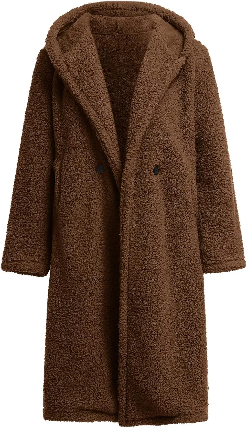 ODIZLI Women's Winter Coats Fuzzy Fleece Long Hooded Jackets Button Down Faux Fur Warm Outwear With Pockets