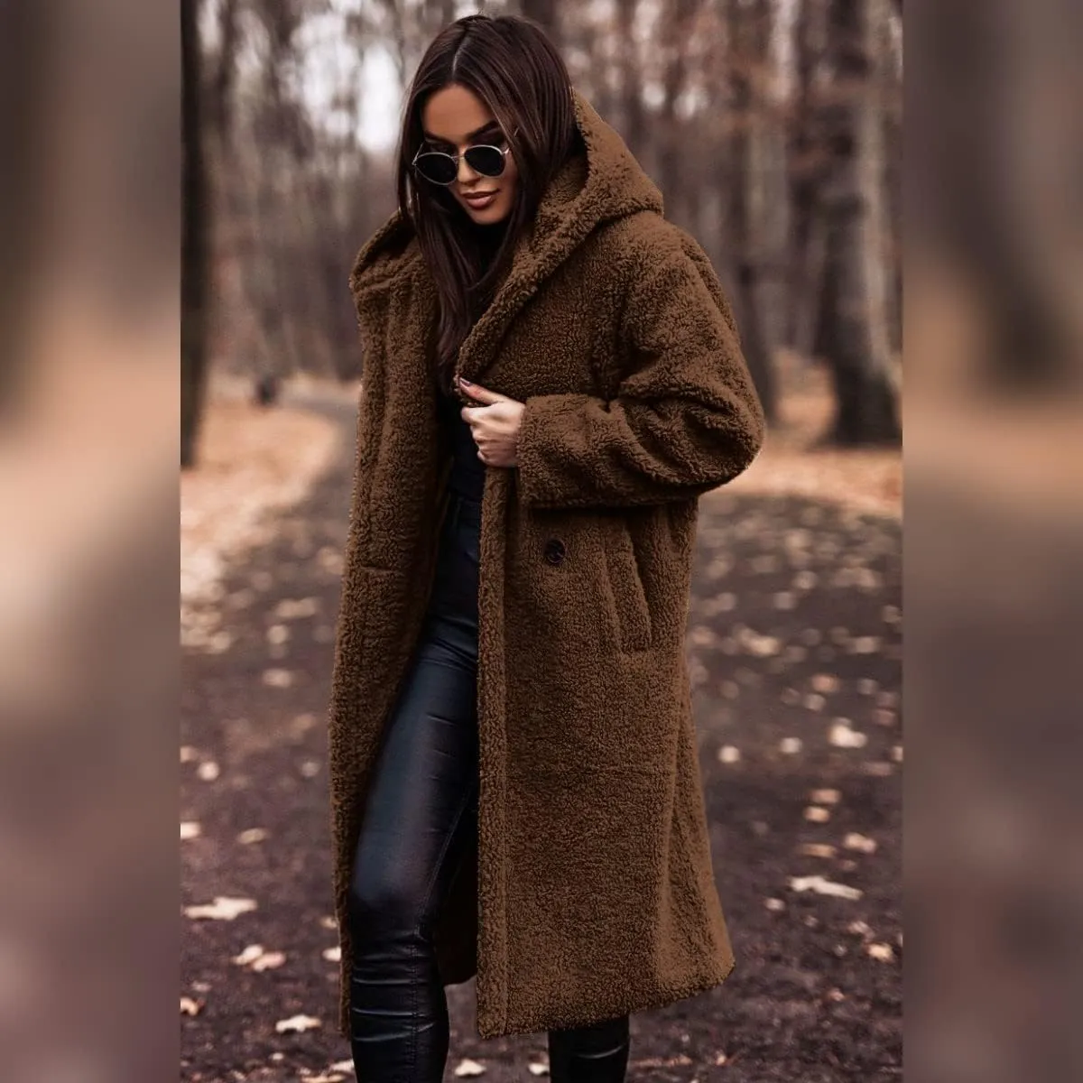 ODIZLI Women's Winter Coats Fuzzy Fleece Long Hooded Jackets Button Down Faux Fur Warm Outwear With Pockets