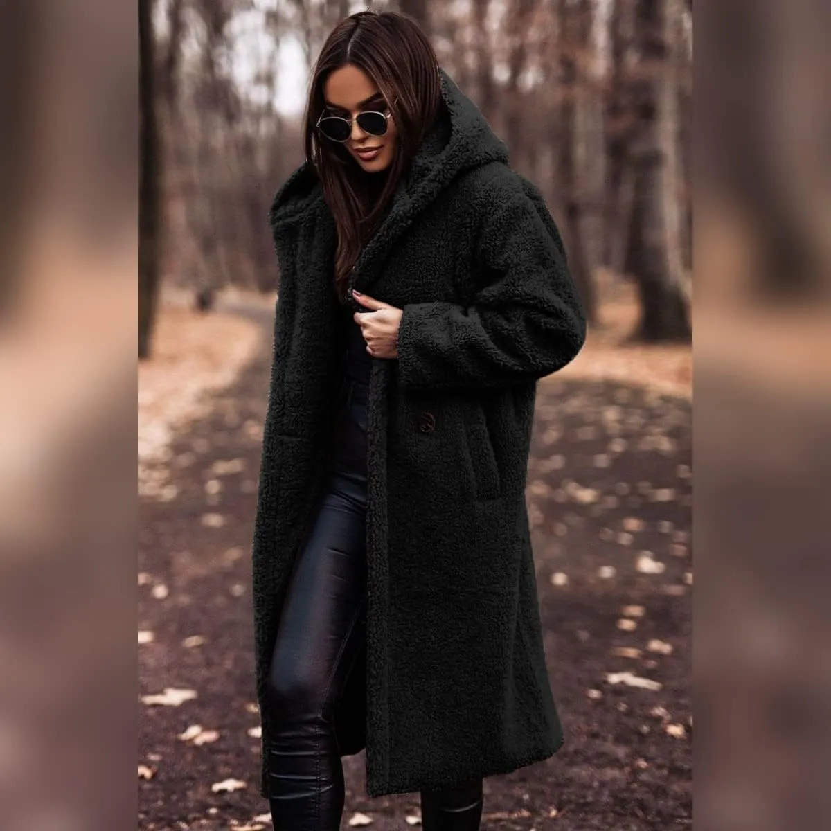 ODIZLI Women's Winter Coats Fuzzy Fleece Long Hooded Jackets Button Down Faux Fur Warm Outwear With Pockets