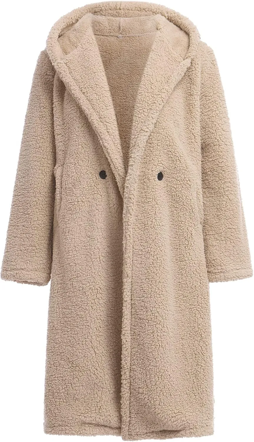 ODIZLI Women's Winter Coats Fuzzy Fleece Long Hooded Jackets Button Down Faux Fur Warm Outwear With Pockets