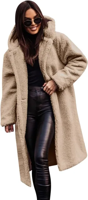ODIZLI Women's Winter Coats Fuzzy Fleece Long Hooded Jackets Button Down Faux Fur Warm Outwear With Pockets