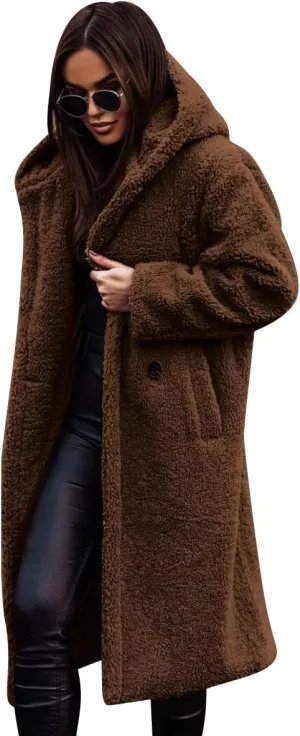 ODIZLI Women's Winter Coats Fuzzy Fleece Long Hooded Jackets Button Down Faux Fur Warm Outwear With Pockets