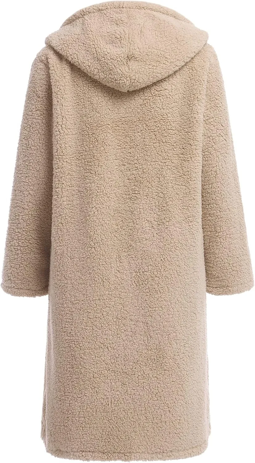 ODIZLI Women's Winter Coats Fuzzy Fleece Long Hooded Jackets Button Down Faux Fur Warm Outwear With Pockets
