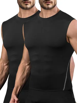 Odoland 2 Pack Men's Compression Sleeveless Shirts, Dry Fit Athletic Base Layer Tank Top, Sports Running Gym Workout Shirts