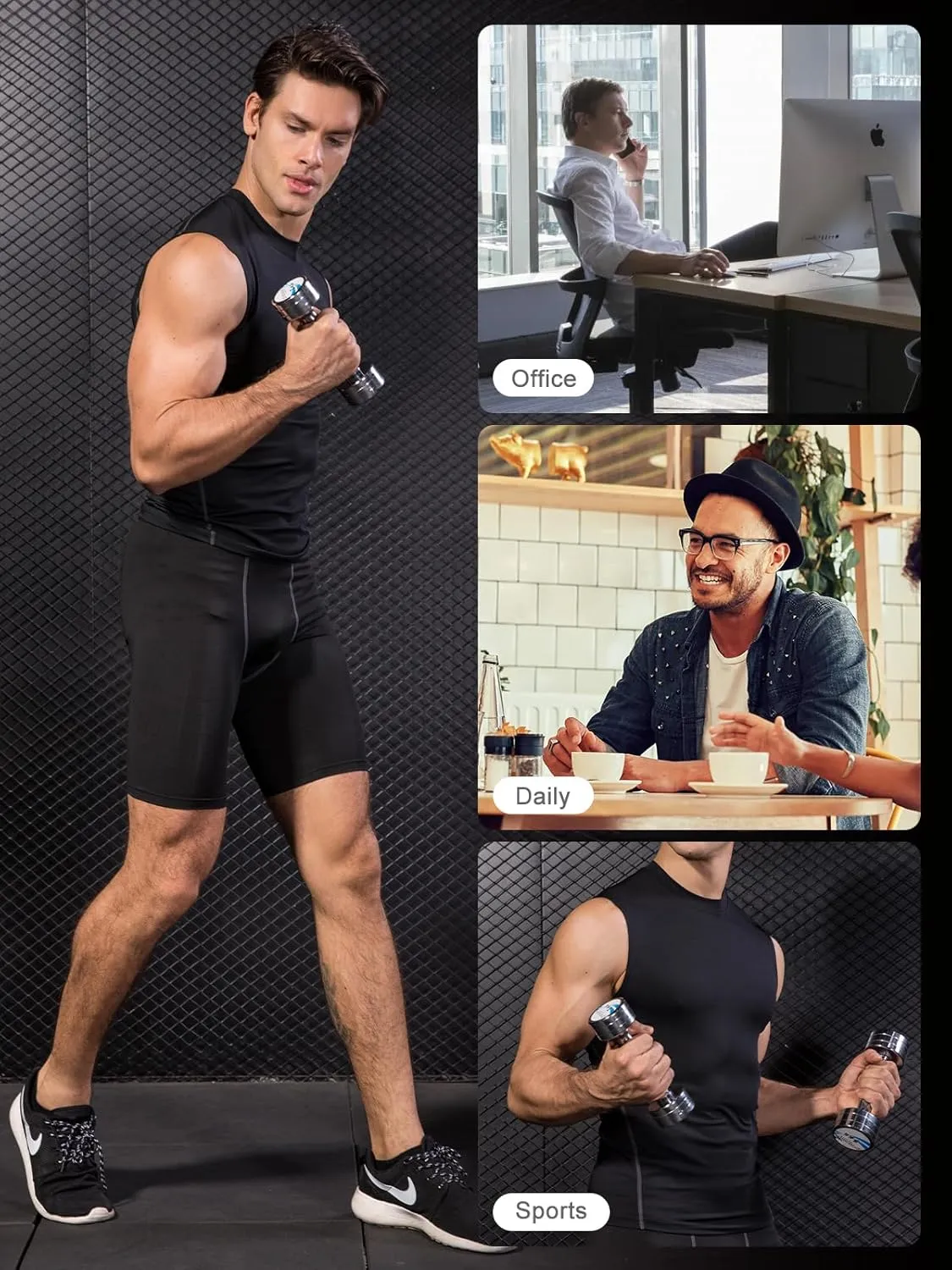 Odoland 2 Pack Men's Compression Sleeveless Shirts, Dry Fit Athletic Base Layer Tank Top, Sports Running Gym Workout Shirts