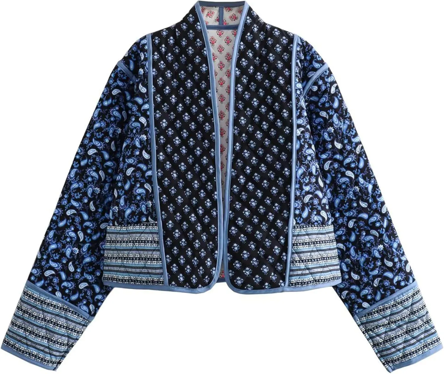 OPCAKM Women's Cropped Floral Print Quilted Jacket Lightweight Coats Open Front Puffer Outerwear