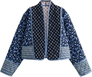 OPCAKM Women's Cropped Floral Print Quilted Jacket Lightweight Coats Open Front Puffer Outerwear