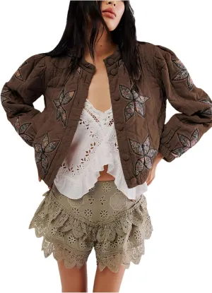 OPCAKM Women's Cropped Puffer Jacket Lightweight Flower Embroidery Quilted Outerwear Coats