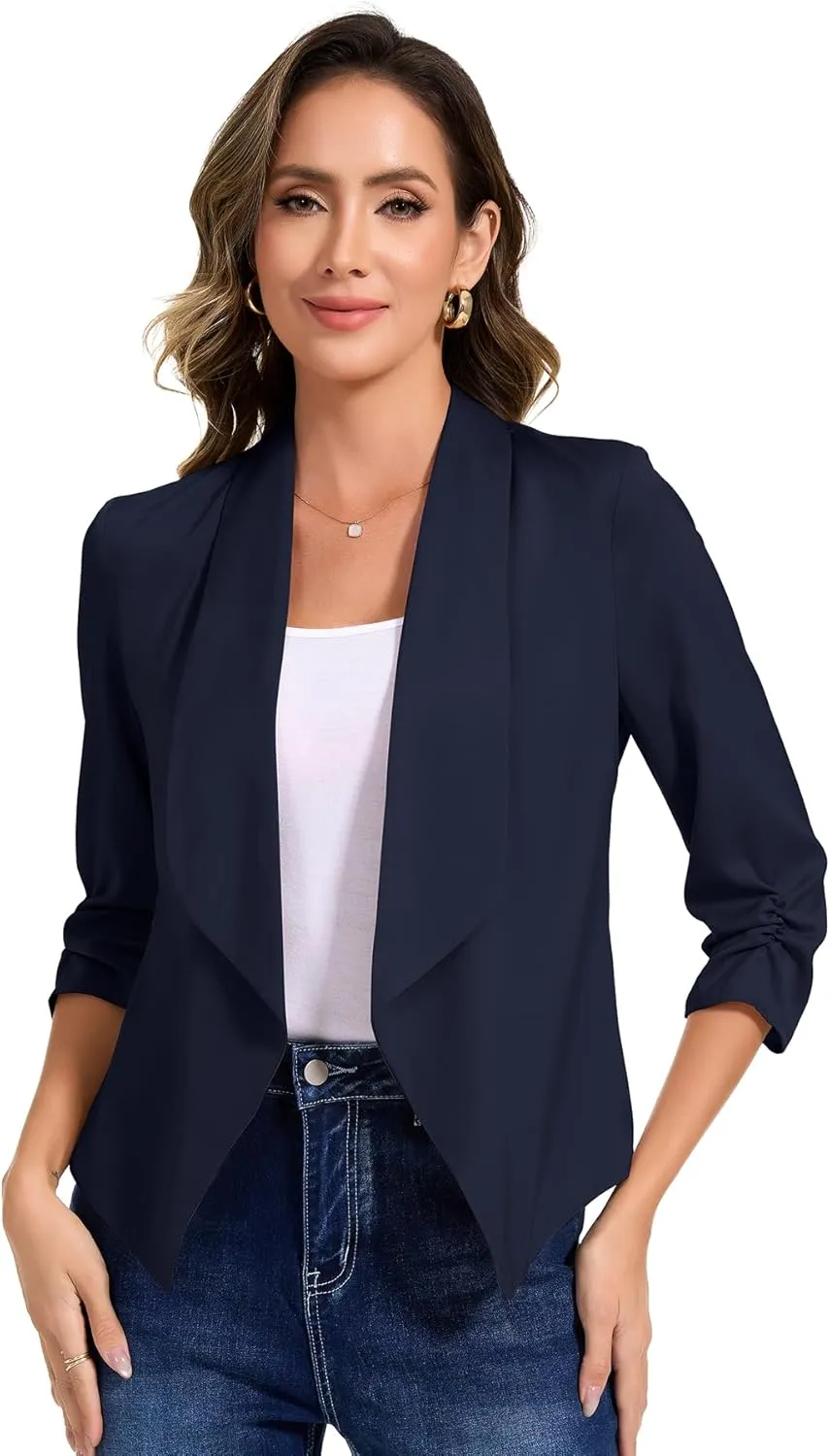 PEIQI Women's Ruched 3/4 Sleeve Lightweight Satin Open Front Cardigan Casual Thin Blazer for Spring Summer