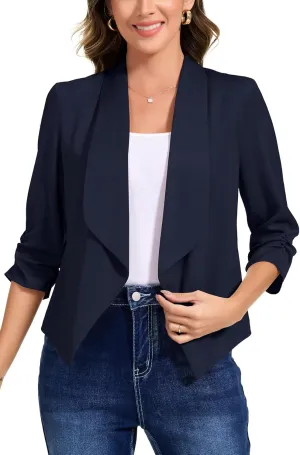 PEIQI Women's Ruched 3/4 Sleeve Lightweight Satin Open Front Cardigan Casual Thin Blazer for Spring Summer