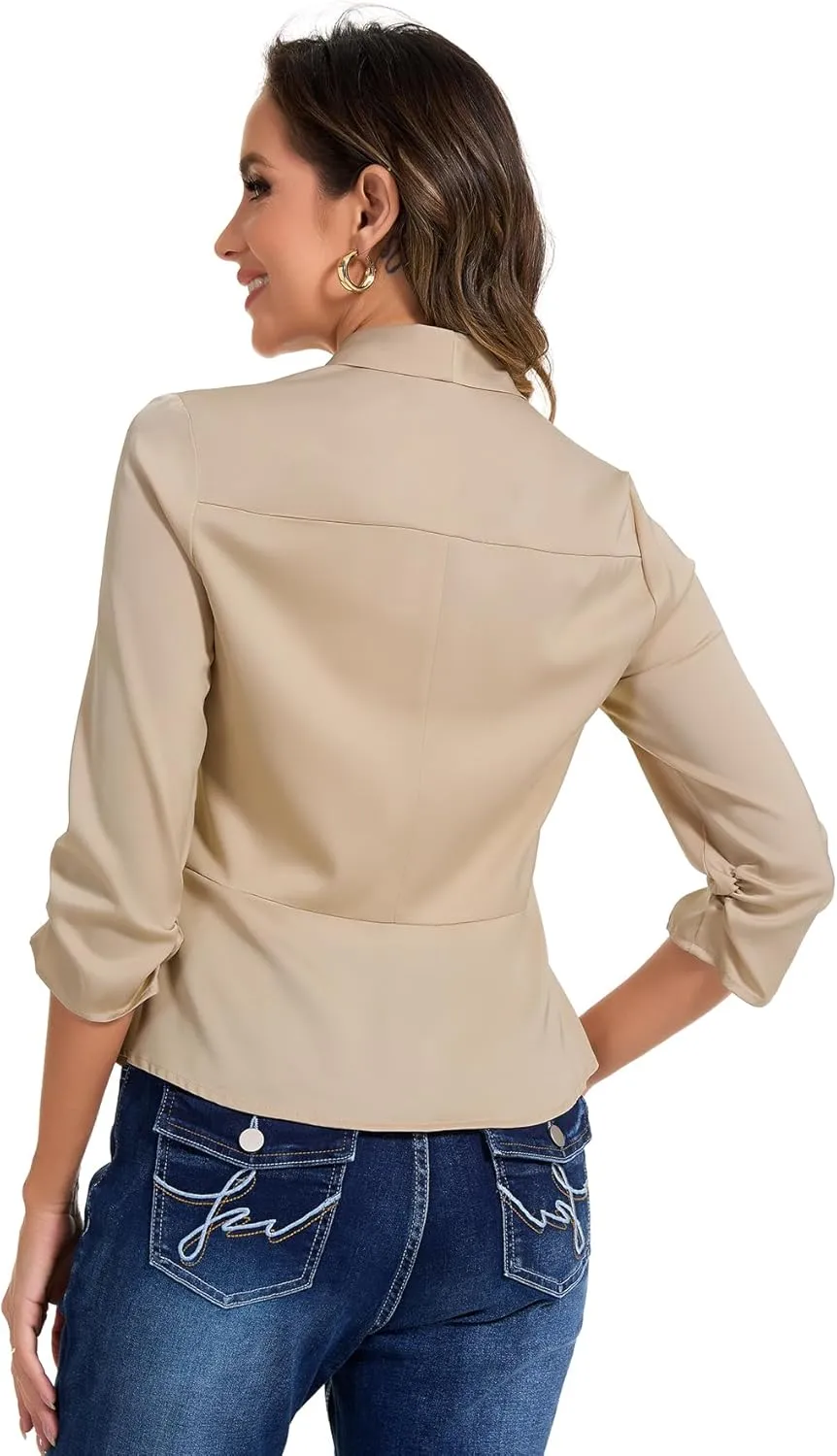 PEIQI Women's Ruched 3/4 Sleeve Lightweight Satin Open Front Cardigan Casual Thin Blazer for Spring Summer