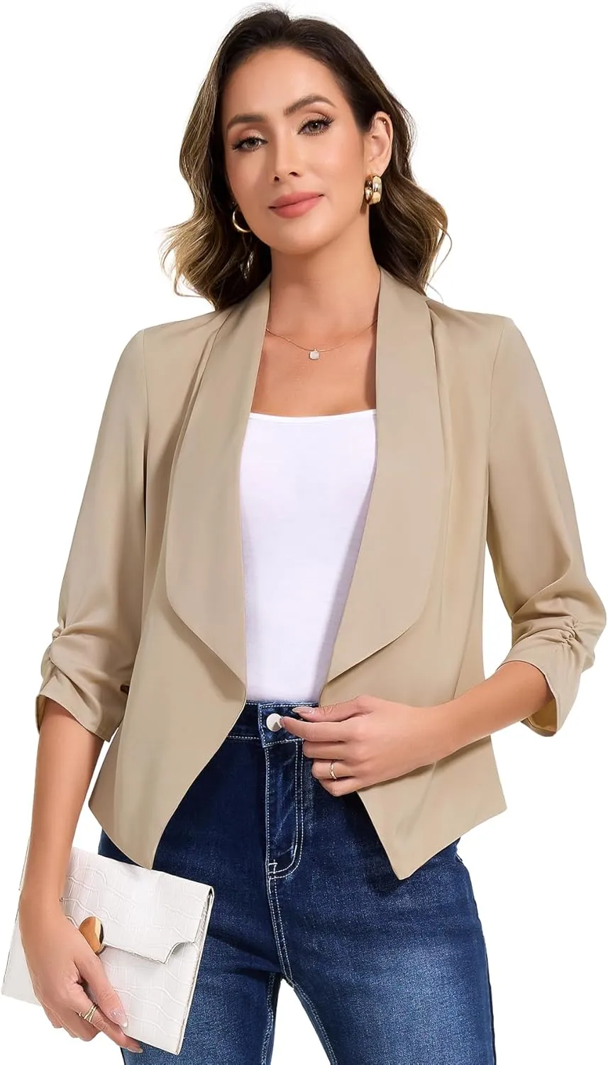 PEIQI Women's Ruched 3/4 Sleeve Lightweight Satin Open Front Cardigan Casual Thin Blazer for Spring Summer