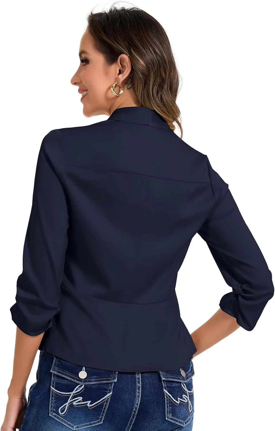 PEIQI Women's Ruched 3/4 Sleeve Lightweight Satin Open Front Cardigan Casual Thin Blazer for Spring Summer