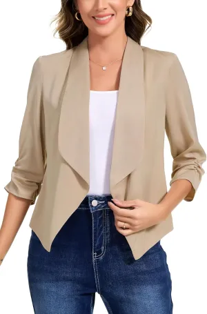PEIQI Women's Ruched 3/4 Sleeve Lightweight Satin Open Front Cardigan Casual Thin Blazer for Spring Summer