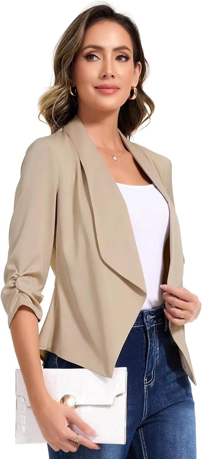 PEIQI Women's Ruched 3/4 Sleeve Lightweight Satin Open Front Cardigan Casual Thin Blazer for Spring Summer